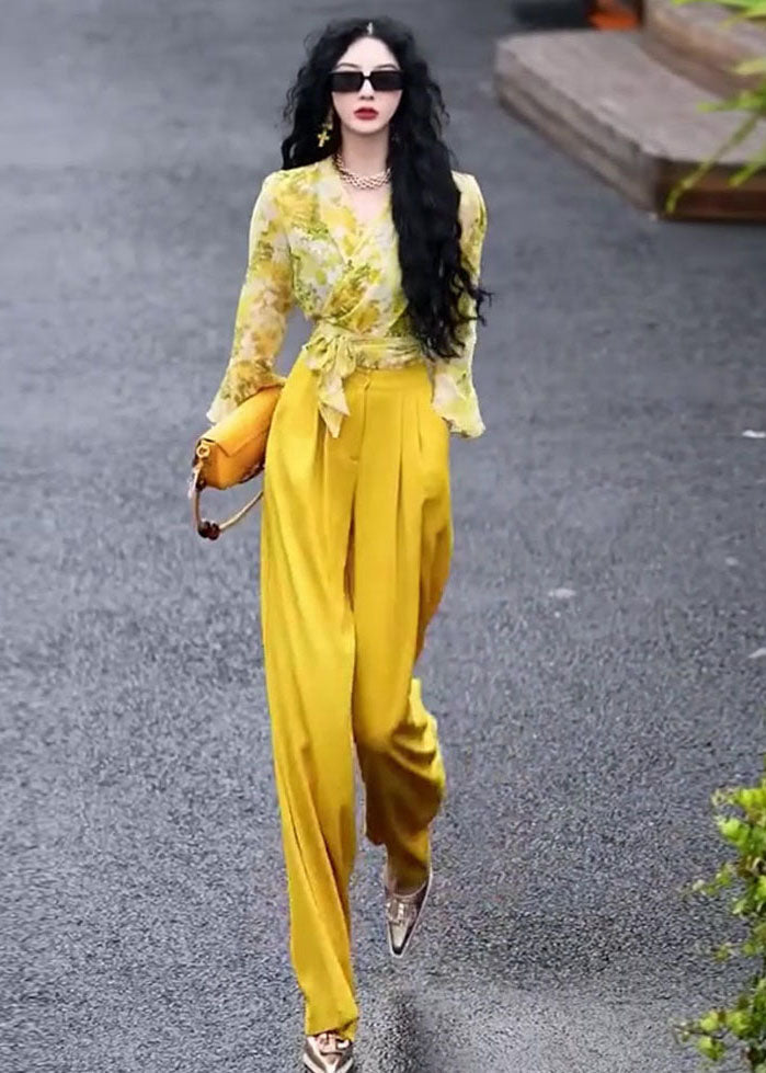 Yellow V Neck Print Chiffon Shirts and Wide Leg Pants Two Pieces Set Fall