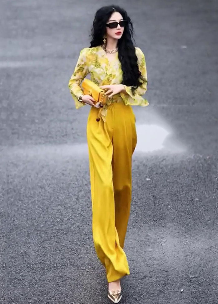 Yellow V Neck Print Chiffon Shirts and Wide Leg Pants Two Pieces Set Fall