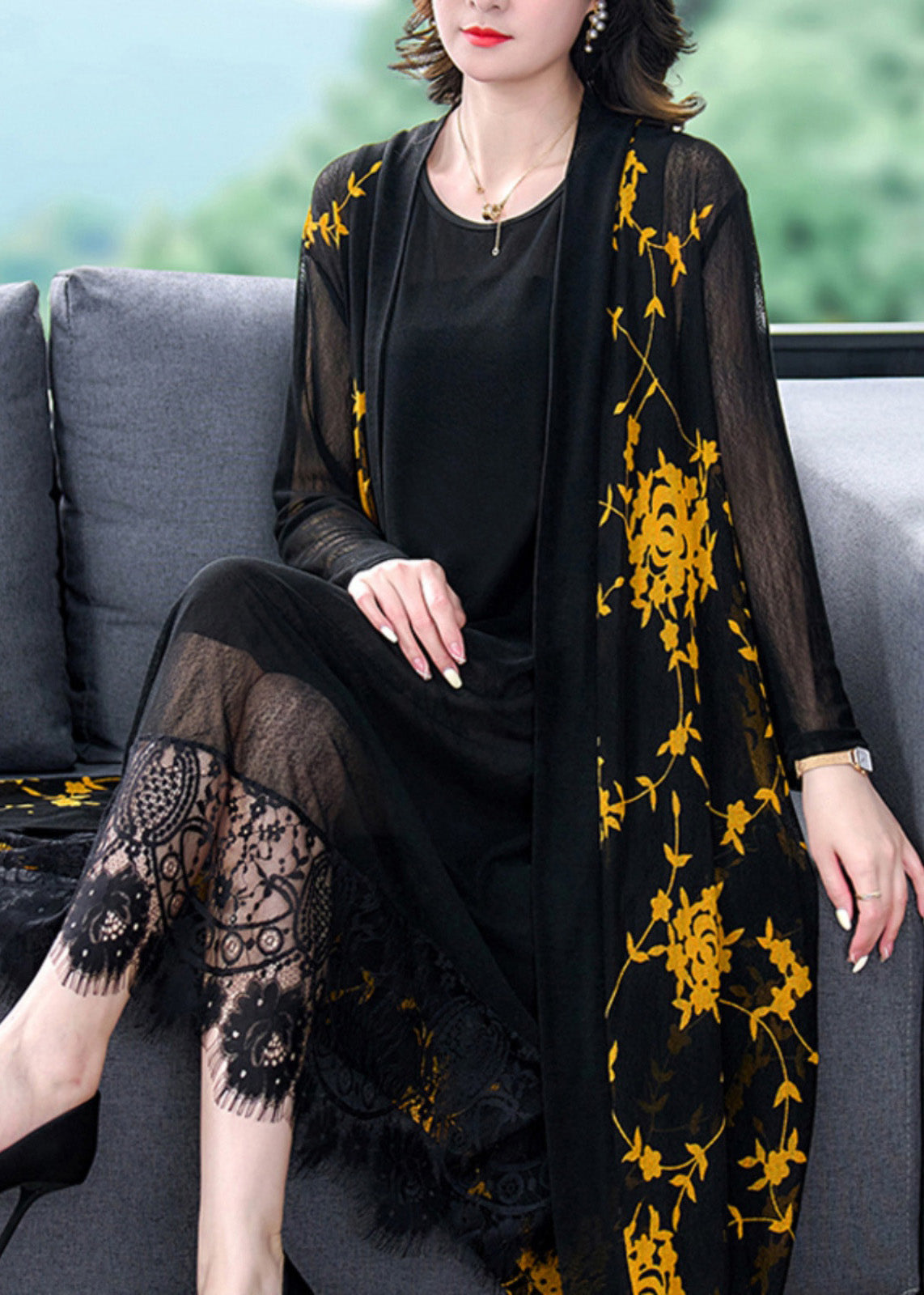 Yellow V Neck Print Tulle Long Sunscreen Cardigans Long Sleeve
