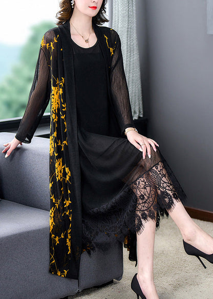 Yellow V Neck Print Tulle Long Sunscreen Cardigans Long Sleeve