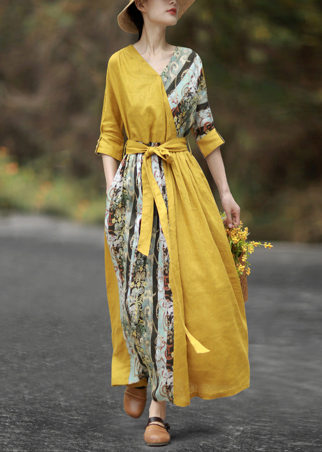 Yellow V Neck Tie Waist Patchwork Cotton Maxi Dresses Half Sleeve