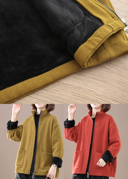 Yellow Zip Up Pockets Warm Fleece Coat Winter