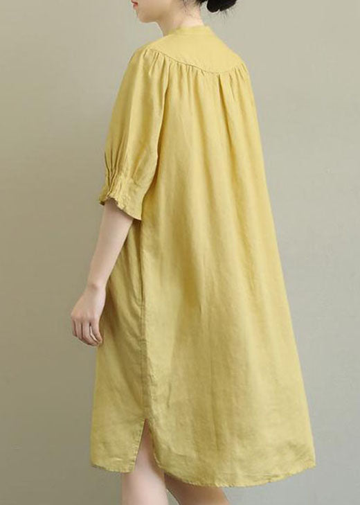 Yellow Side Open Cotton Mid Dress Half Sleeve