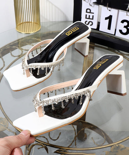 Zircon Splicing Chunky Black Faux Leather Flip Flops Slide Sandals