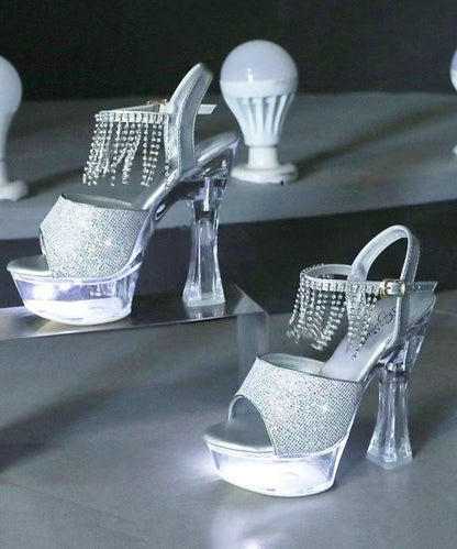 Zircon Tassel Crystal Chunky Heel Sandals Silver