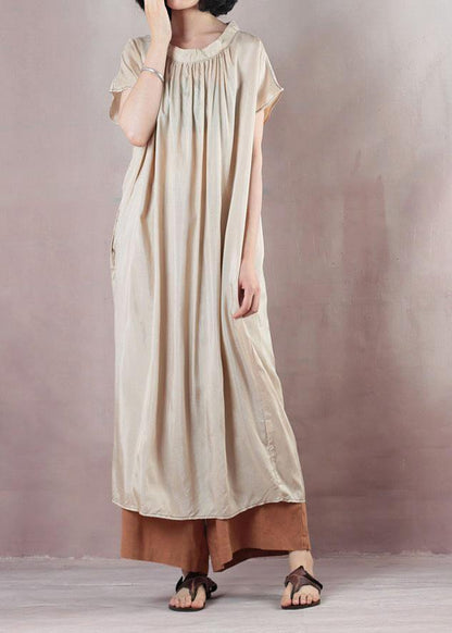Beige Cotton Dress Short Sleeve Cinched Dress