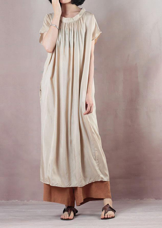 Beige Cotton Dress Short Sleeve Cinched Dress