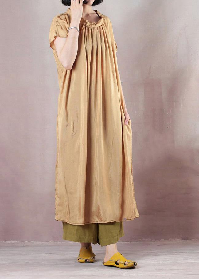 Beige Cotton Dress Short Sleeve Cinched Dress