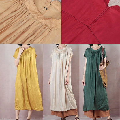 Beige Cotton Dress Short Sleeve Cinched Dress
