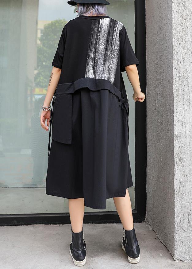 Black Cotton Long Shirts O Neck Patchwork Art Summer Dress