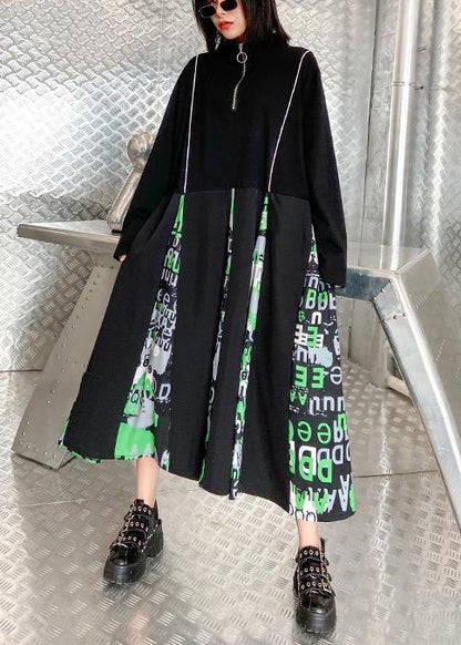Black Letter Dress Stand Collar Zippered Dress
