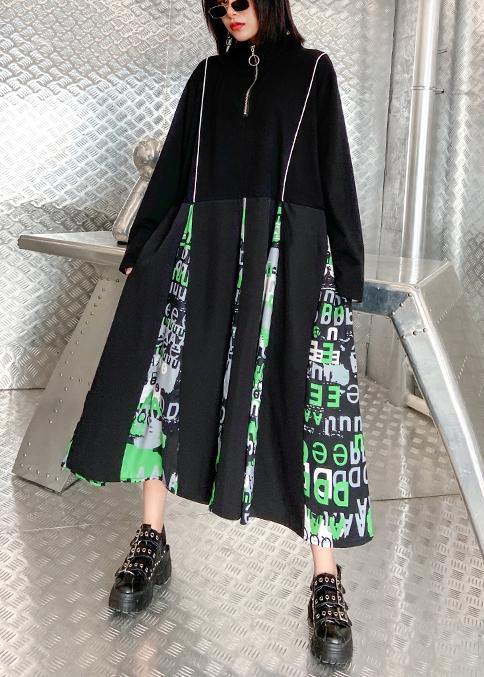 Black Letter Dress Stand Collar Zippered Dress