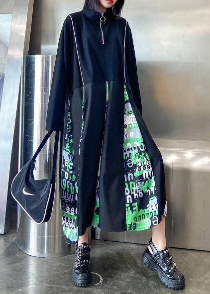 Black Letter Dress Stand Collar Zippered Dress
