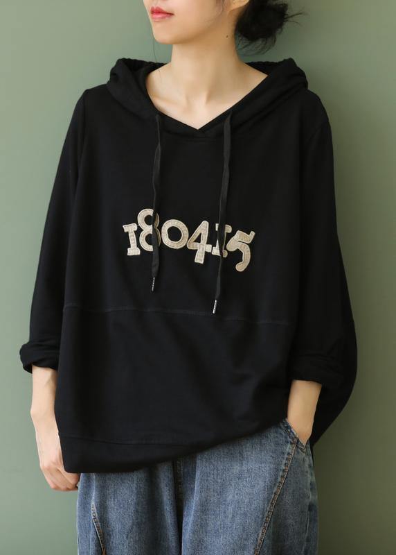 Black Letter Tops Blouses Hooded Pockets Knee Blouses