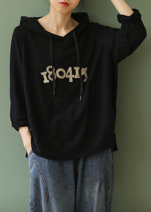 Black Letter Tops Blouses Hooded Pockets Knee Blouses