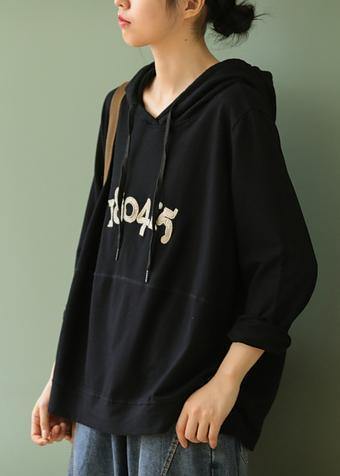 Chic black Letter tops women blouses hooded pockets Knee blouses