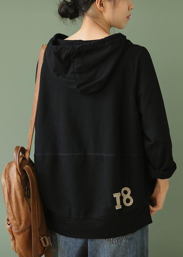 Chic black Letter tops women blouses hooded pockets Knee blouses