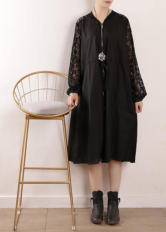 Black Trench Coat Fabrics O Neck Zippered Fall Outwears