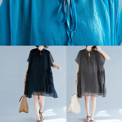 Black Chiffon Clothes for 18th Century Work Stand Collar Pockets Robe Summer Dresses