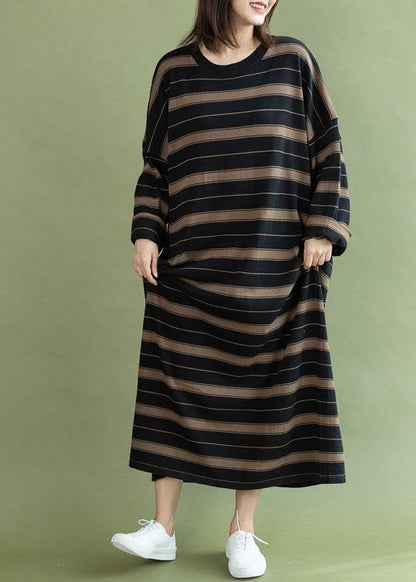 Black Chocolate Striped Cotton Quilting Dresses O Neck Baggy Long Fall Dresses