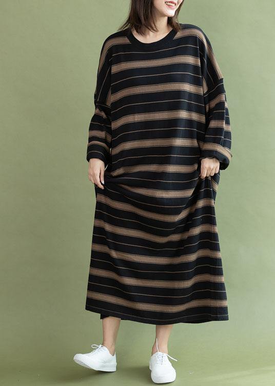 Black Chocolate Striped Cotton Quilting Dresses O Neck Baggy Long Fall Dresses