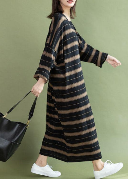 Black Chocolate Striped Cotton Quilting Dresses O Neck Baggy Long Fall Dresses