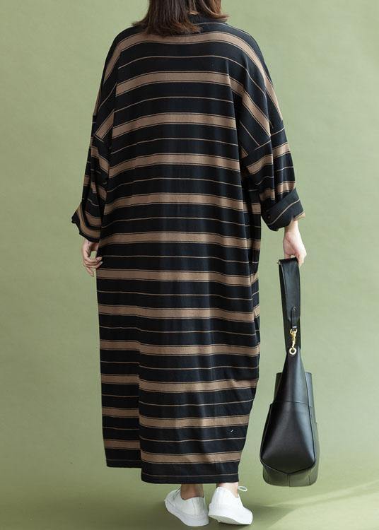 Black Chocolate Striped Cotton Quilting Dresses O Neck Baggy Long Fall Dresses