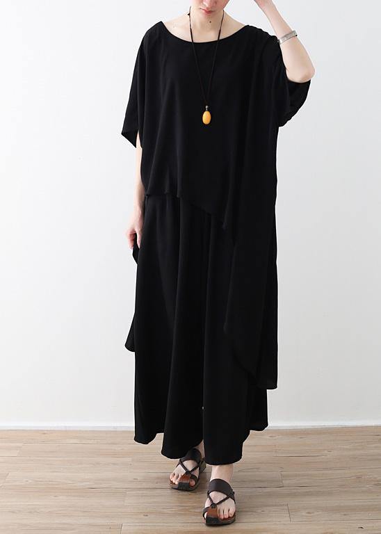Black Clothes Fabrics Tops and Wide Leg Pants Asymmetric Clothing Summer Two Pieces