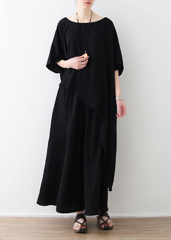 Black Clothes Fabrics Tops and Wide Leg Pants Asymmetric Clothing Summer Two Pieces