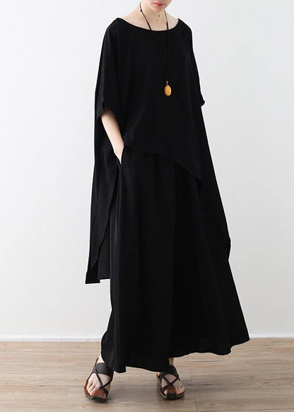 Black Clothes Fabrics Tops and Wide Leg Pants Asymmetric Clothing Summer Two Pieces