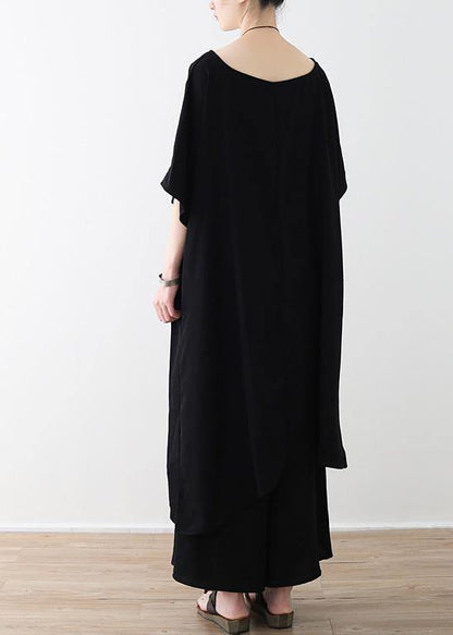 Black Clothes Fabrics Tops and Wide Leg Pants Asymmetric Clothing Summer Two Pieces