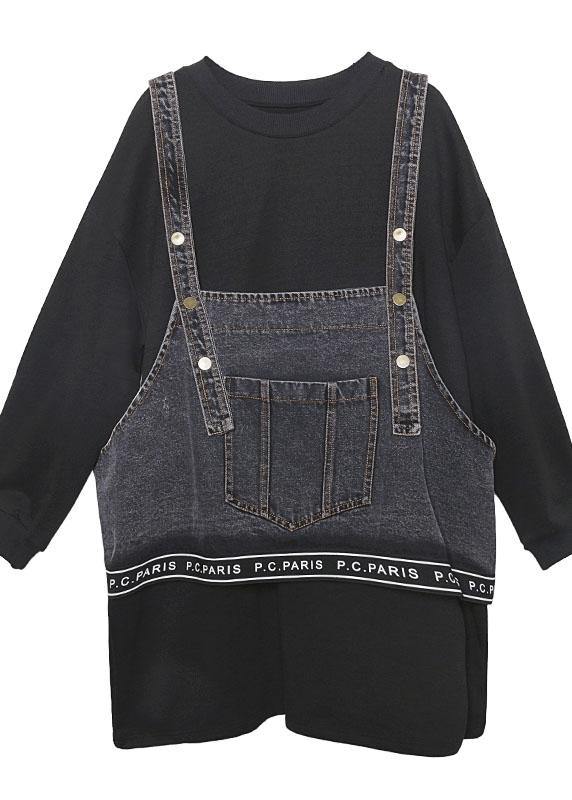 Black Cotton Blouse O Neck Two Pieces Clothing Tops