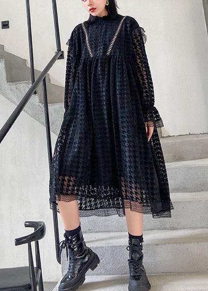 Black Cotton Tunics Hollow Out Cotton Robes O Neck Dresses