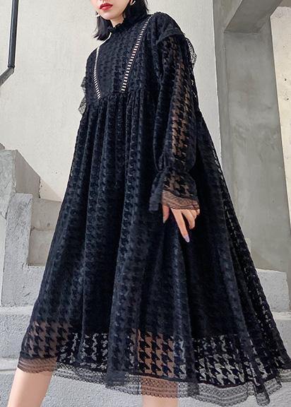 Black Cotton Tunics Hollow Out Cotton Robes O Neck Dresses