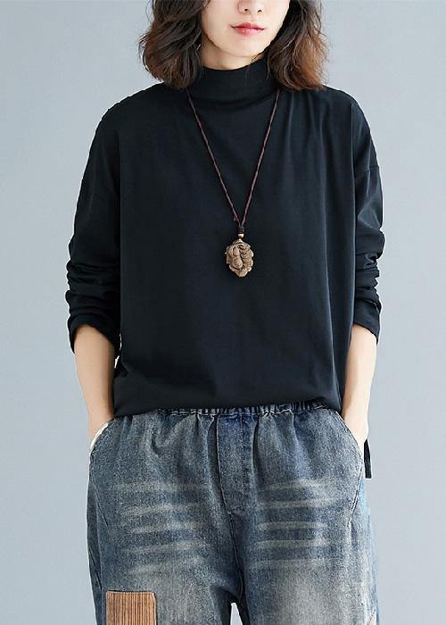 Black Cotton Tunic Top Stand Collar Cotton Spring Blouses