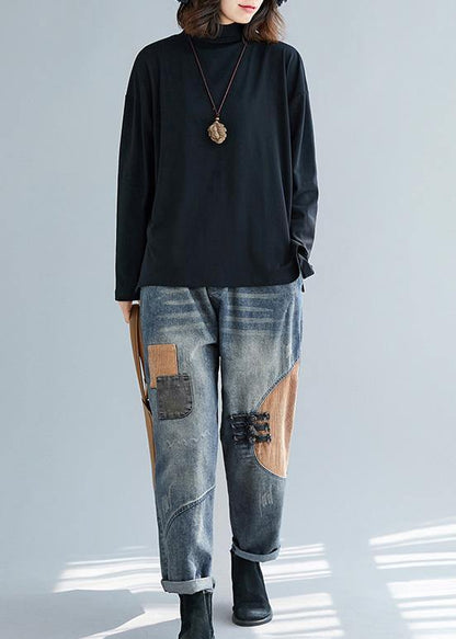 Chic black cotton tunic top stand collar cotton spring blouses