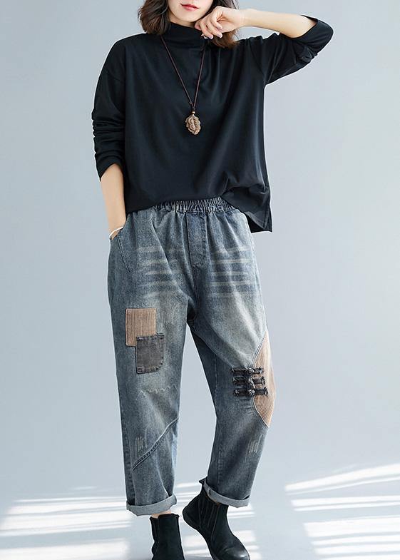 Black Cotton Tunic Top Stand Collar Cotton Spring Blouses