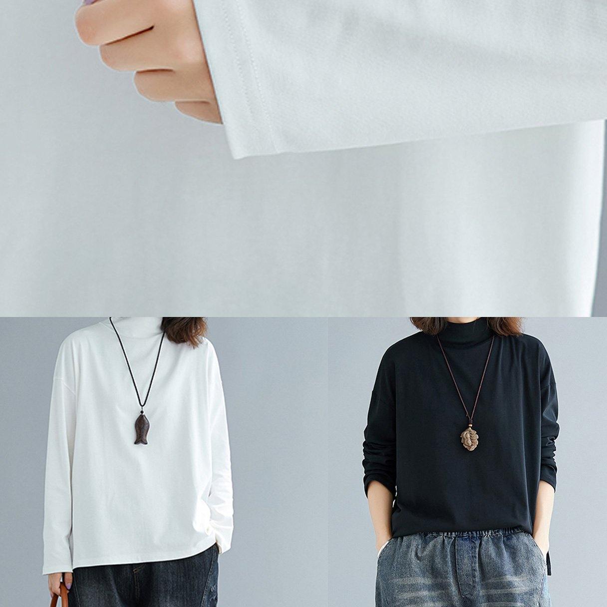 Chic black cotton tunic top stand collar cotton spring blouses