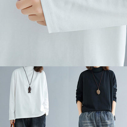 Chic black cotton tunic top stand collar cotton spring blouses