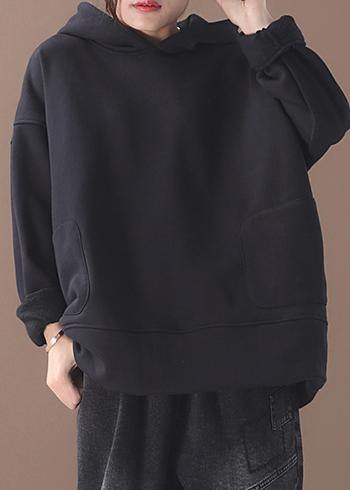 Chic black cotton tunics for women winter box hooded blouses