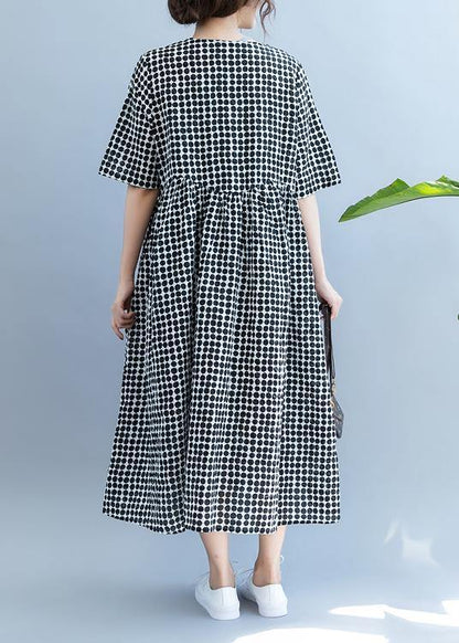 Black Dotted Long Shirts V Neck Pockets Maxi Summer Dress
