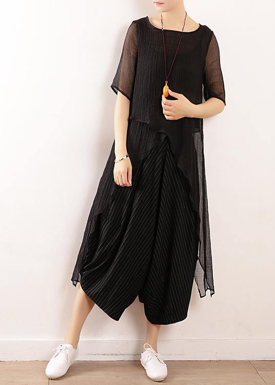 Black Linen Clothes for O Neck Short Summer Blouses