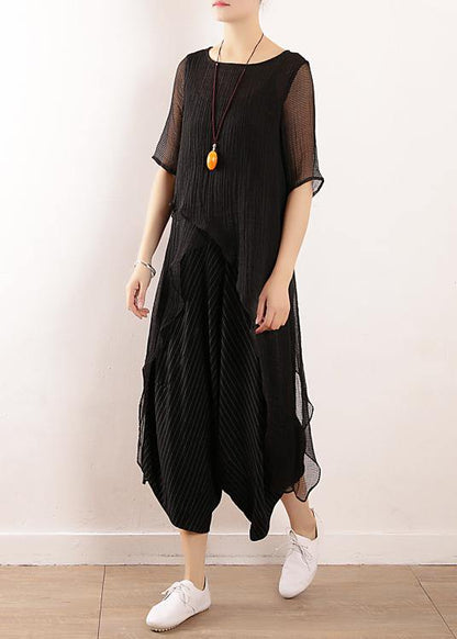 Black Linen Clothes for O Neck Short Summer Blouses