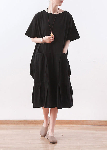 Black Linen Clothes Korea Sewing O Neck Asymmetric Baggy Summer Dress