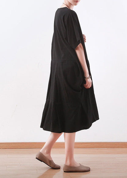 Black Linen Clothes Korea Sewing O Neck Asymmetric Baggy Summer Dress
