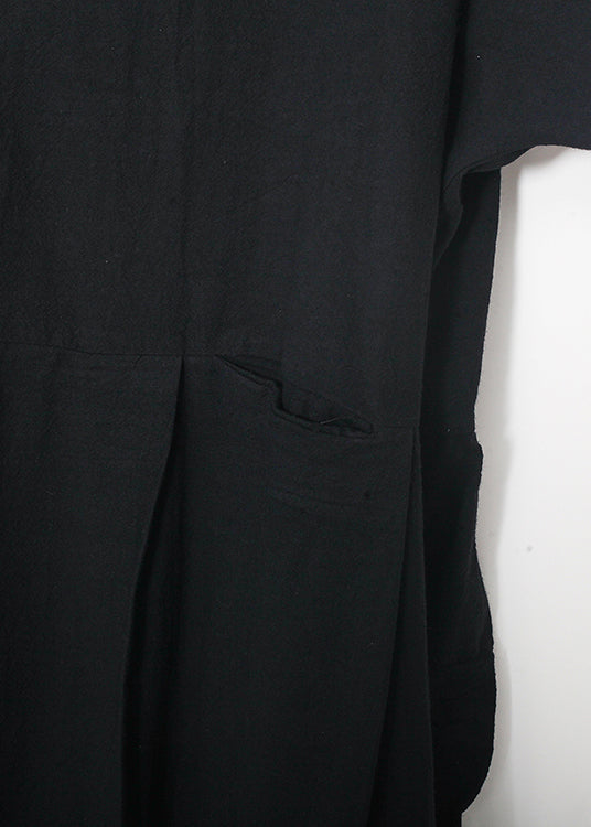 Black Linen Clothes Korea Sewing O Neck Asymmetric Baggy Summer Dress