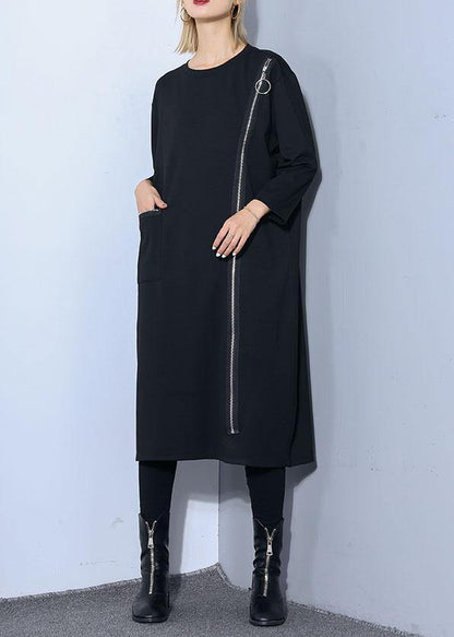 Black O Neck Cotton Tunics Zippered Maxi Fall Dresses