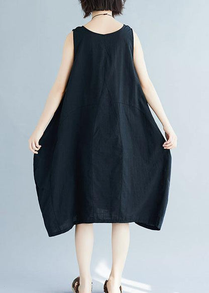 Black O Neck Linen Quilting Dresses Sleeveless Clothing Summer Dress