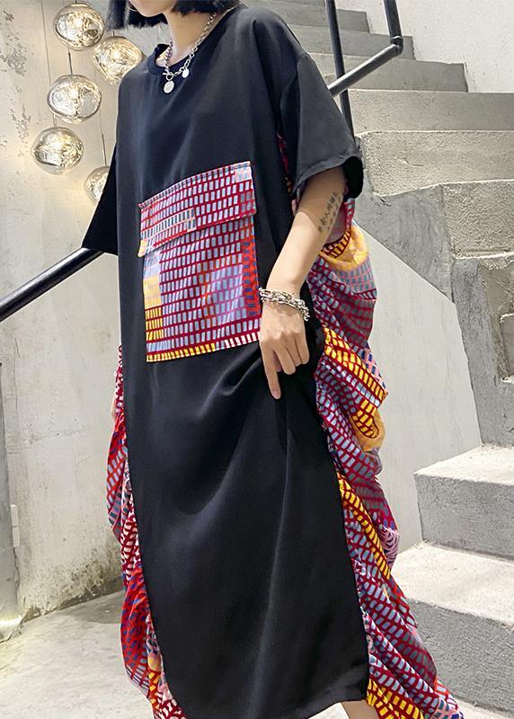 Black Patchwork Print Cotton Wardrobes O Neck Maxi Summer Dresses