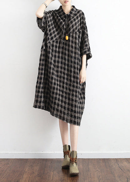 Black Plaid Linen Cotton Tunics Outfits Polo Collor Clothing Summer Dress
